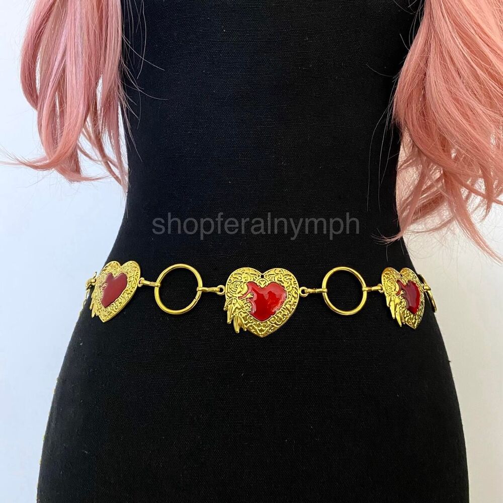 Gold Y2K Red Heart Open Ring Waist Chain Belt, Fits 25.5-45 Inches, X7GA1295